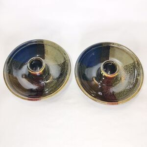 Ross Canada Pottery Pair Of Taper Holders Color Block Signed